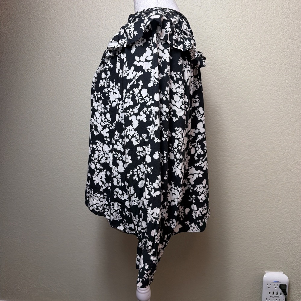 Zara Floral Ruffle Shirt Medium Womens Boho Flowy Pleated Balloon Sleeve Blouse - Picture 4 of 6